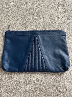 Navy Genuine Leather Zipper Clutch